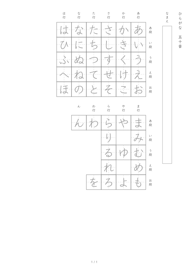 なぞり書き：薄い文字をなぞる五十音表。平仮名・縦書き・16 mmのマス